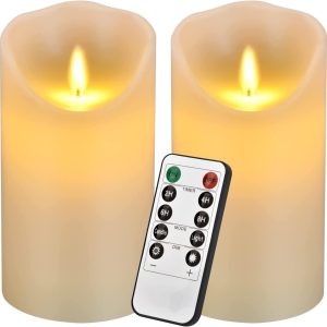 Battery Operated Flameless Candles with 10 Key Remote Control ivory 2pack