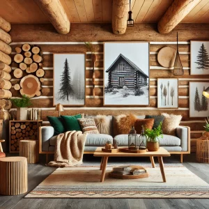 A modern farmhouse living room with log cabin room decor, featuring rustic wall art, a cozy throw blanket, and wooden accents. The room combines conte