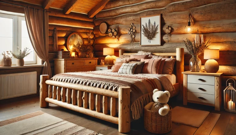 A cozy bedroom with log cabin room decor, including a wooden bed frame, rustic bedside tables, and warm lighting. The room has a blend of modern and r