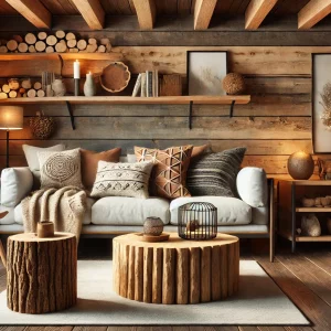 A stylish living room with log cabin living room decor, showcasing a log coffee table, rustic wall shelves, and cozy throw pillows. The room combines