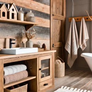 A modern farmhouse bathroom with log cabin home accessories, including a rustic vanity, wooden shelves, and cozy bath towels. The decor features a ble