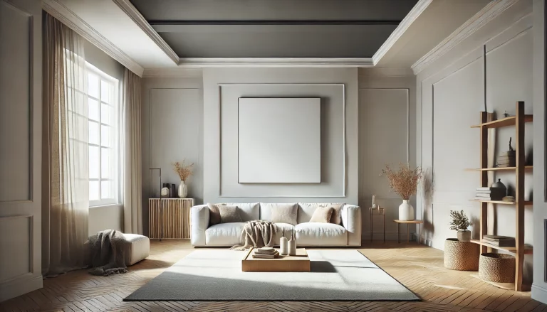 A living room with a clean slate, featuring neutral tones on the walls and ceiling. The room has been cleared of unnecessary items and furniture, and