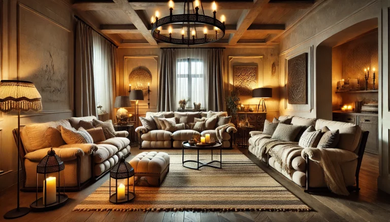 A cozy living room with plush seating, layered rugs, and ambient lighting. The room features an oversized sofa, armchairs, and a recliner in neutral t